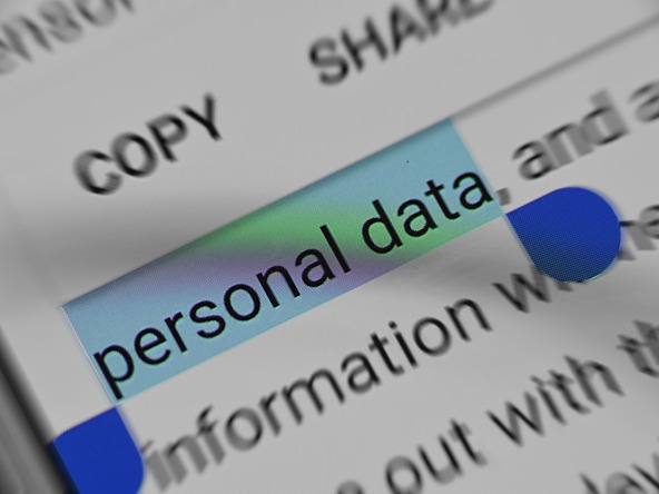 The words 'personal data' highlighted on a digital screen